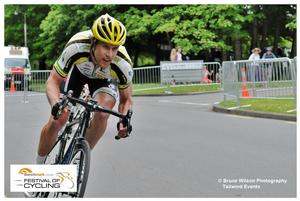 Paul Odlin goes hard of the front of yesterdays Benchmark Homes Festival of Cycling elite men's criterium in Christchurch.